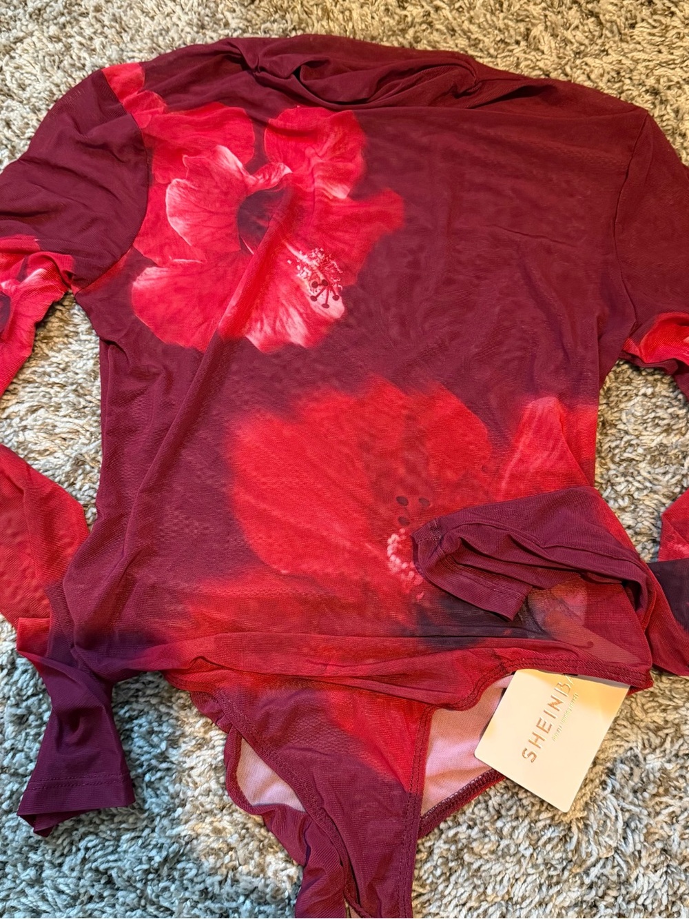 SHEIN Burgundy & Bright Red Floral Long-Sleeve Bodysuit - Picture 2 of 3
